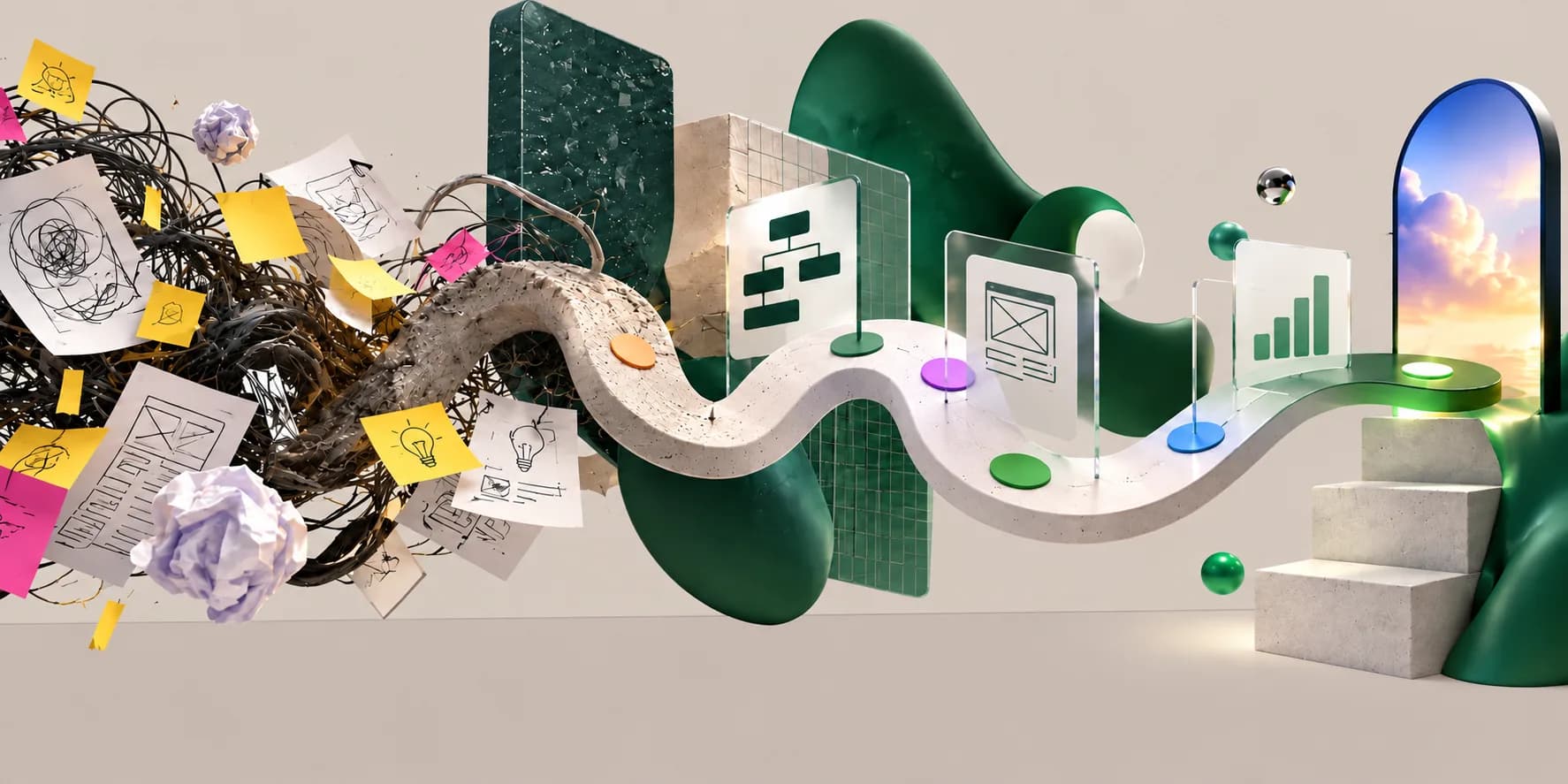 Abstract illustration of the product redesign process, moving from early UX ideas and wireframes to structured UI design and product outcomes.